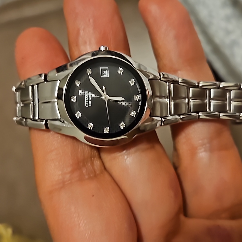 Citizen Eco drive black diamond stainless steel watch